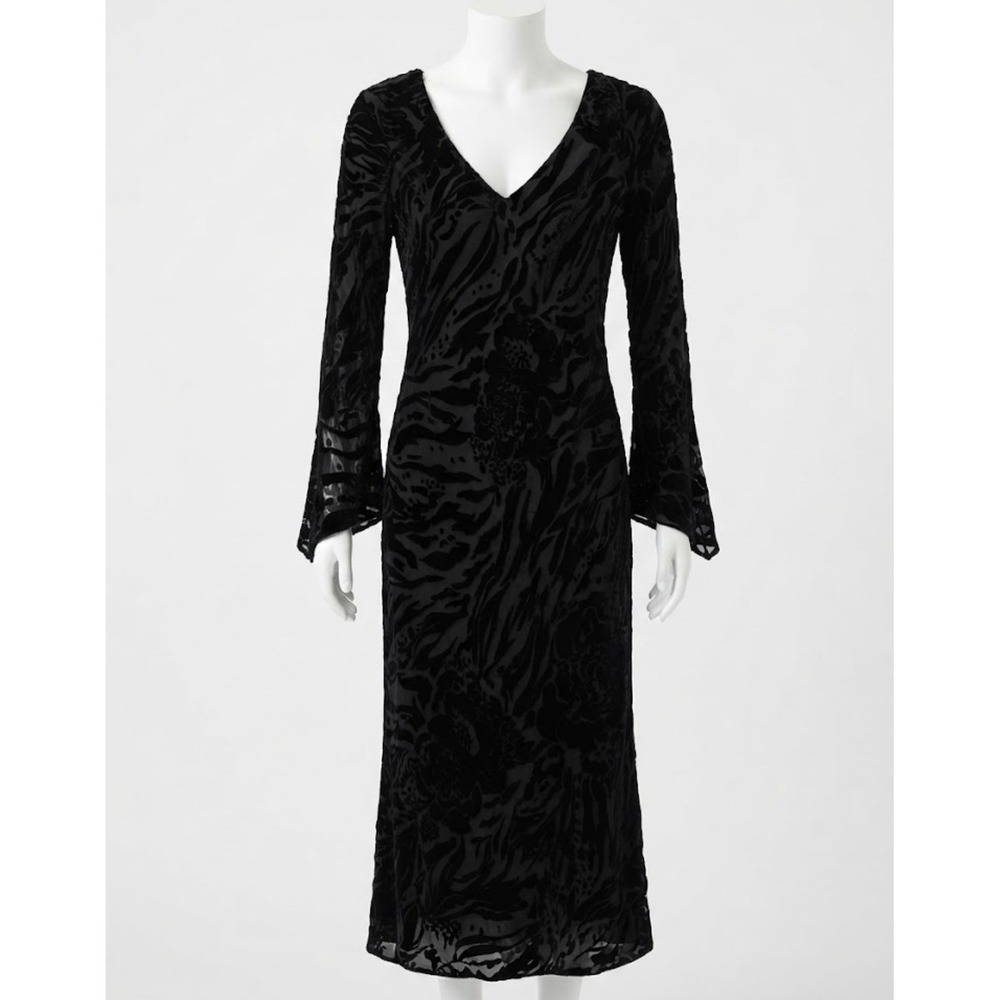Jones NY 90s Velvet Burnout Dress 14 Black Silk Blend Long Flare Sleeve Midi